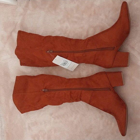 TU rust orange suedette soft feel knee high block heel zip cowboy boots 5 - Picture 4 of 9